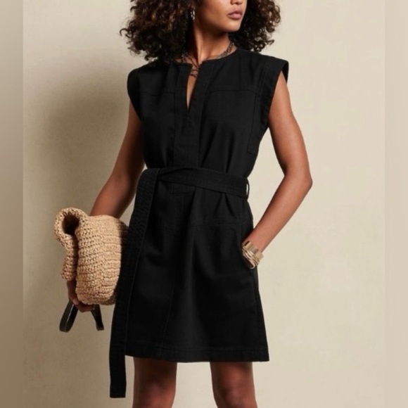 Banana Republic Factory Split Neck Mini Dress Black Safari Minimalist Sz LP NWT - Picture 1 of 13